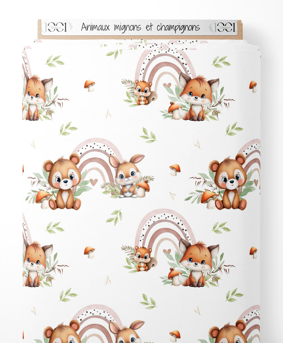 Tissu - Animaux mignons et champignons