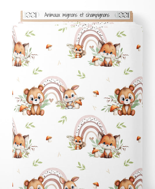 Tissu - Animaux mignons et champignons