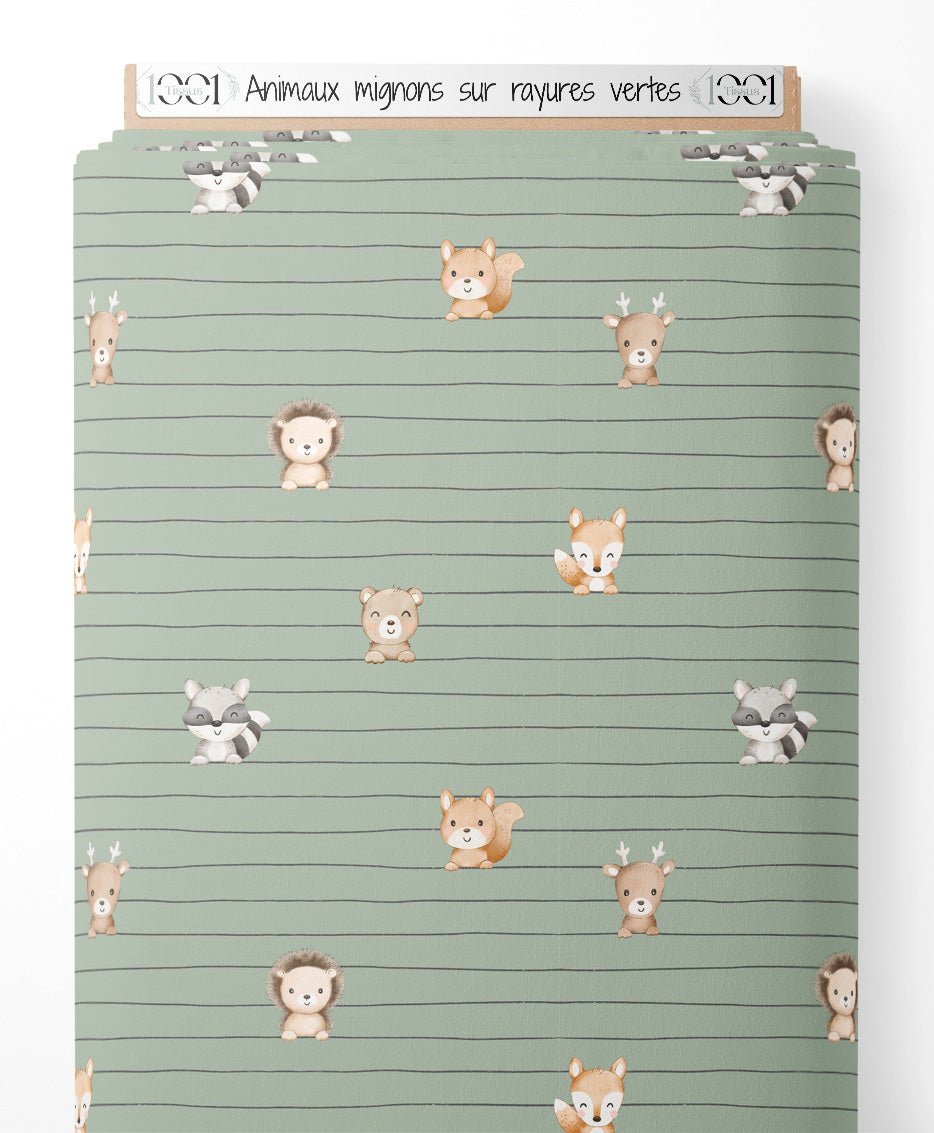 Tissu - Animaux mignons sur rayures vertes