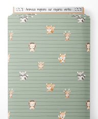Tissu - Animaux mignons sur rayures vertes