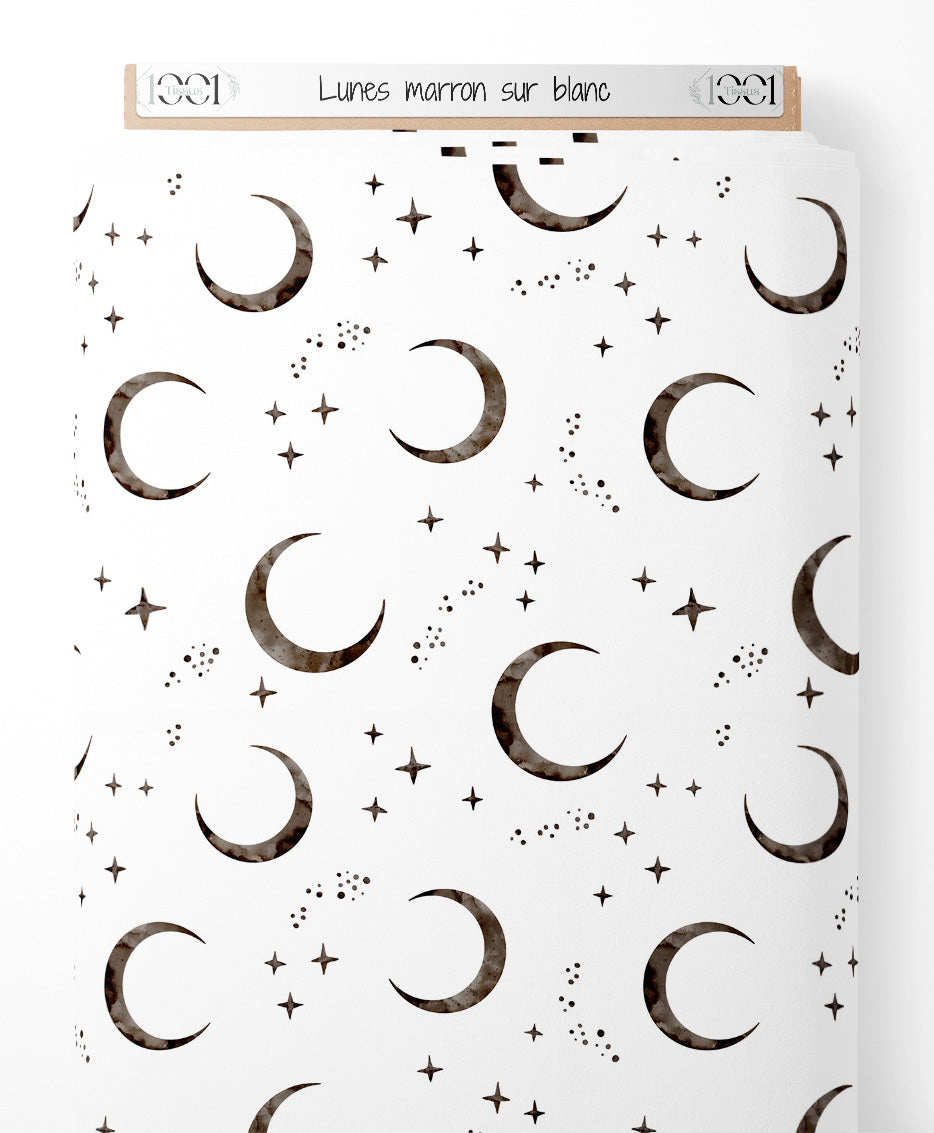 Tissu - Lunes marron sur blanc