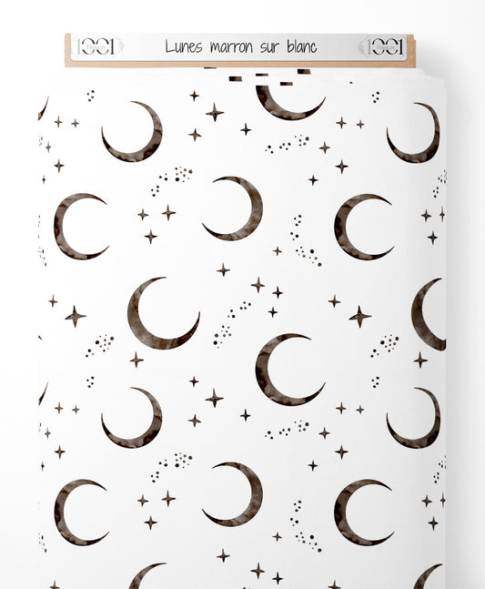 Tissu - Lunes marron sur blanc