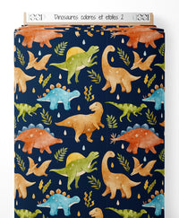 Tissu - Dinosaures colorés et étoiles 2