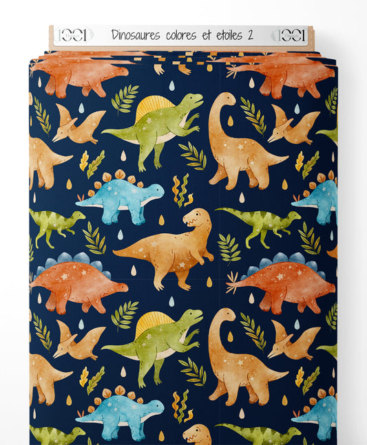 Tissu - Dinosaures colorés et étoiles 2