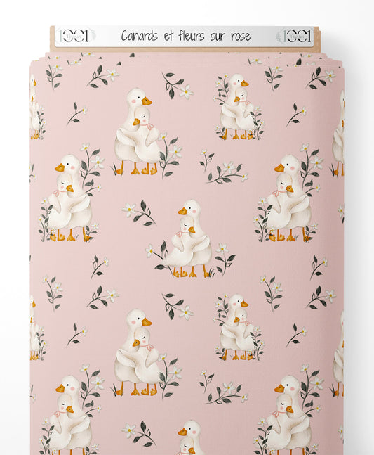 Tissu - Canards et fleurs sur rose