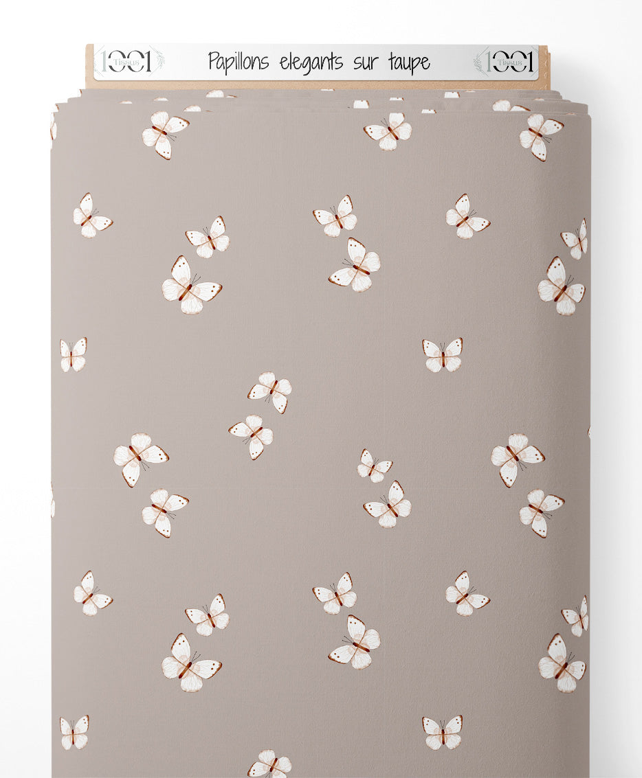 Tissu - Papillons élégants sur taupe