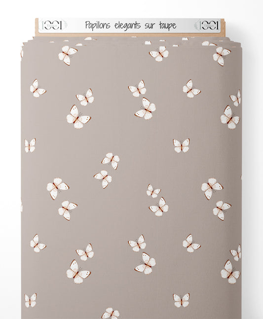 Tissu - Papillons élégants sur taupe