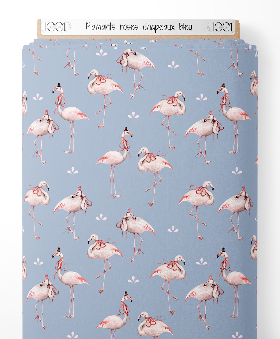 Tissu - Flamants roses chapeaux bleu