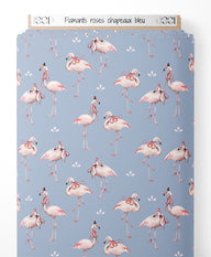 Tissu - Flamants roses chapeaux bleu
