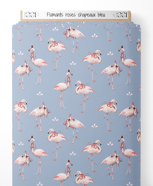 Tissu - Flamants roses chapeaux bleu