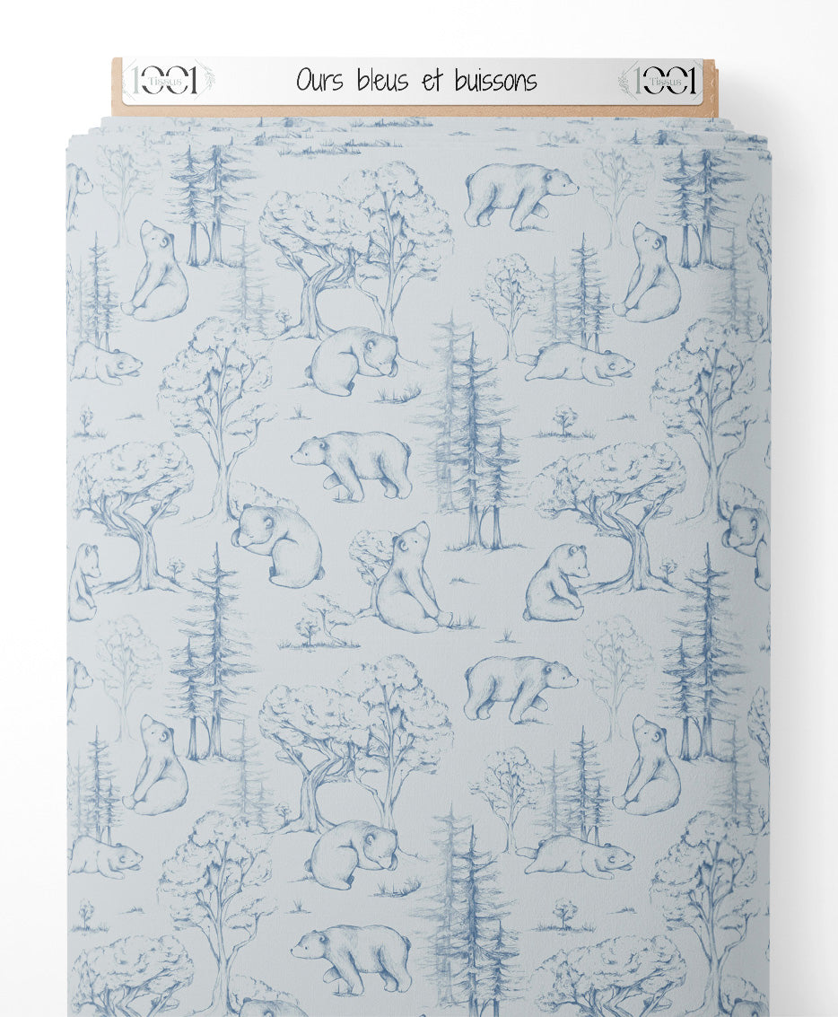 Tissu - Ours bleus et buissons