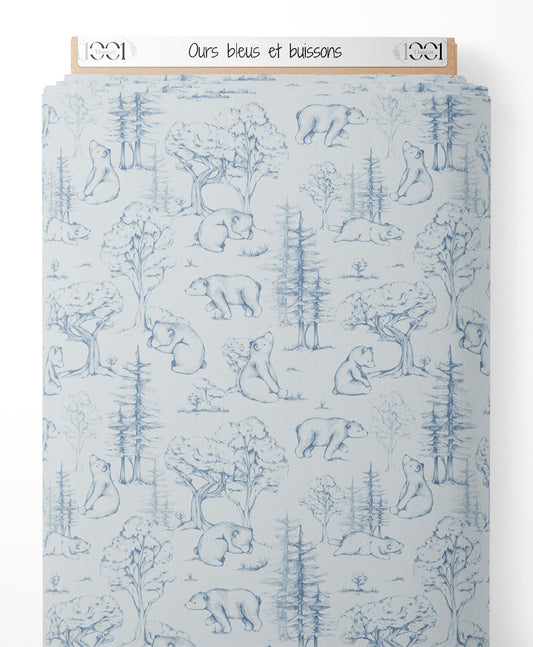 Tissu - Ours bleus et buissons