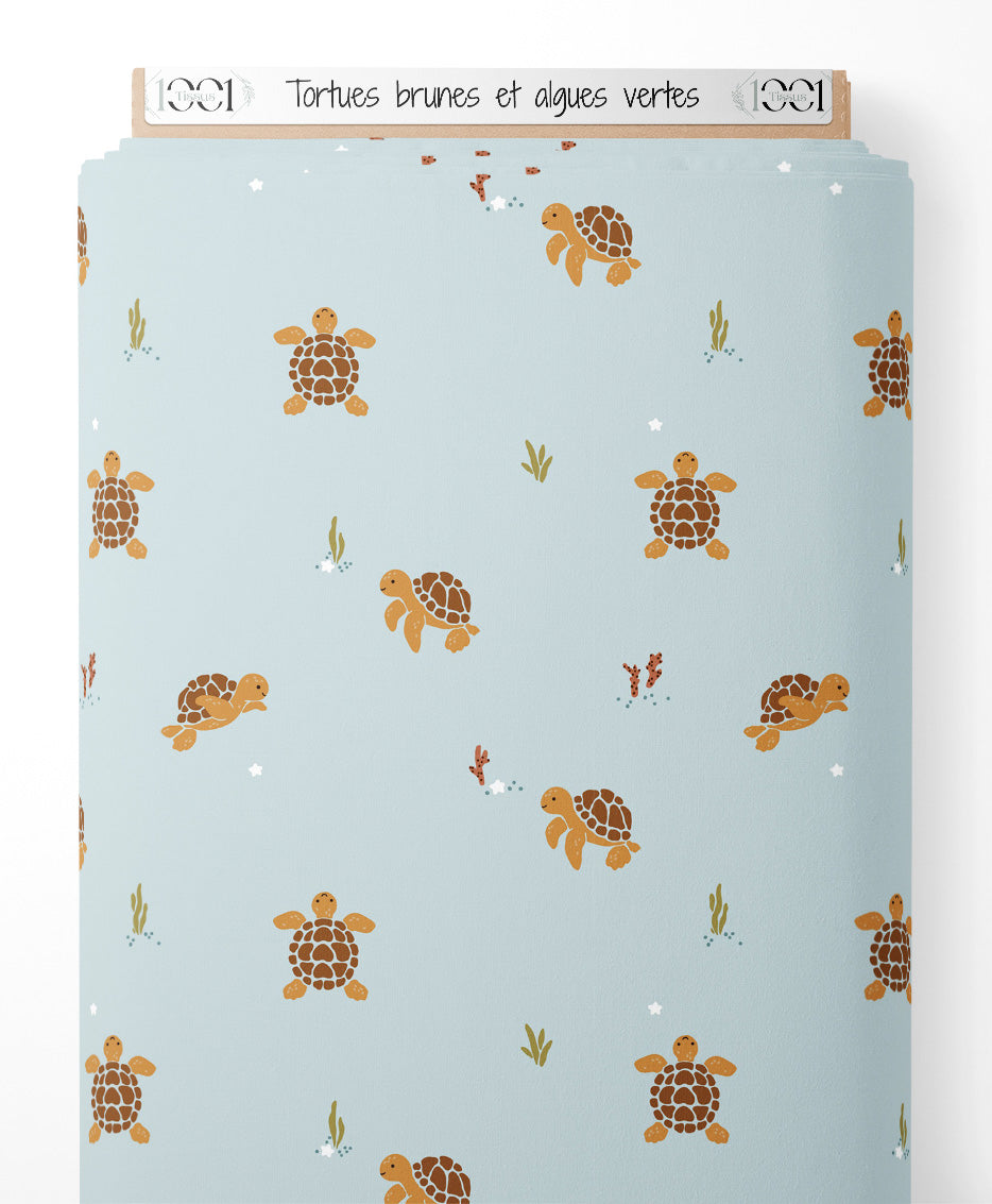 Tissu - Tortues brunes et algues vertes