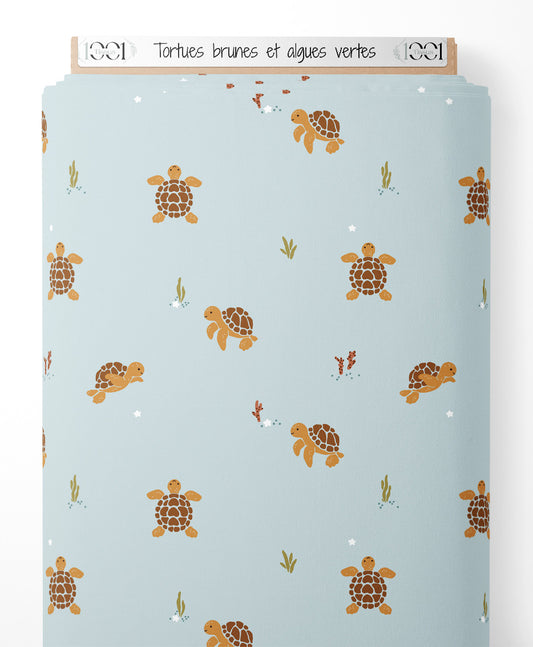 Tissu - Tortues brunes et algues vertes