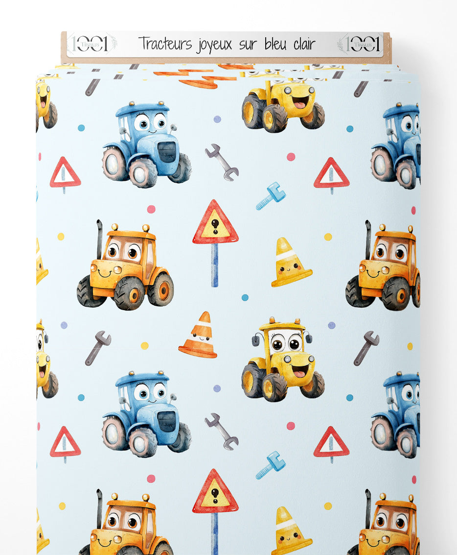 Tissu - Tracteurs joyeux sur bleu clair