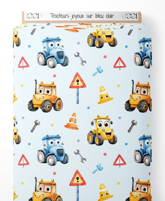 Tissu - Tracteurs joyeux sur bleu clair