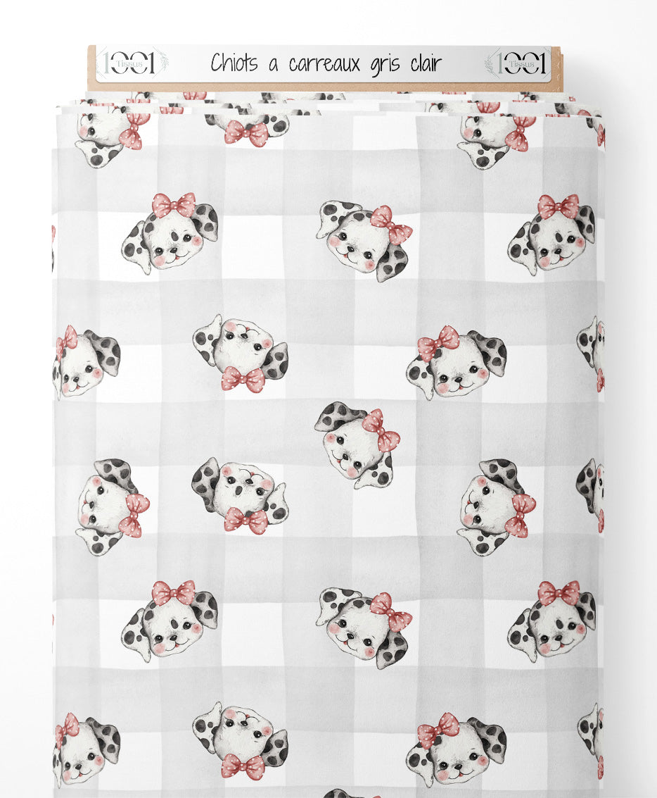 Tissu - Chiots à carreaux gris clair