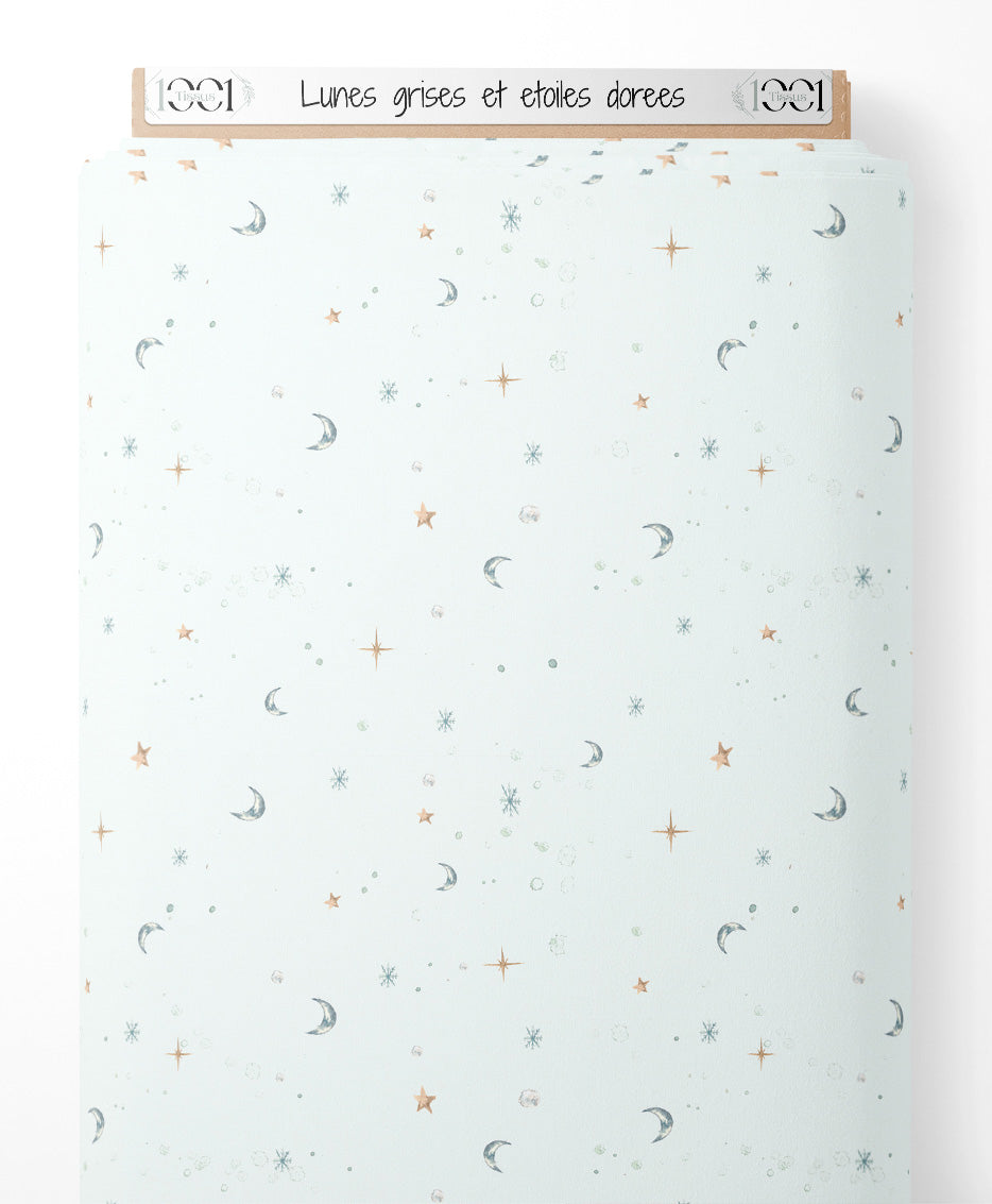 Tissu - Lunes grises et étoiles dorées