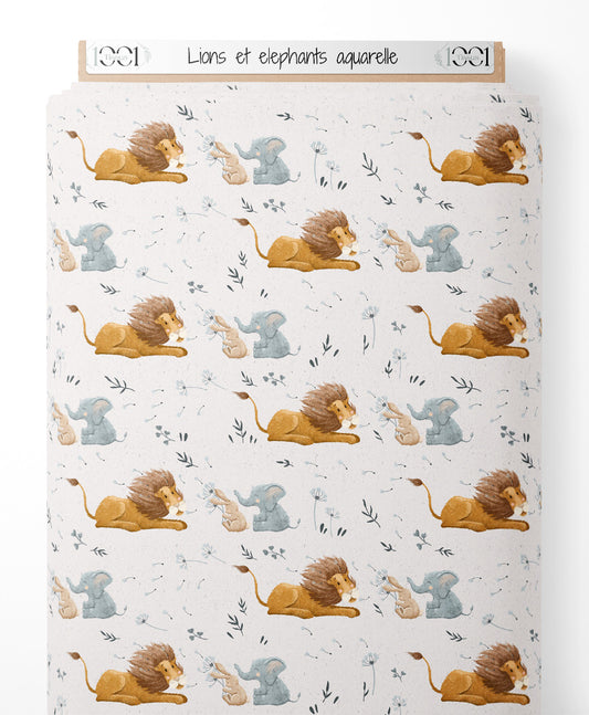 Tissu - Lions et éléphants aquarelle