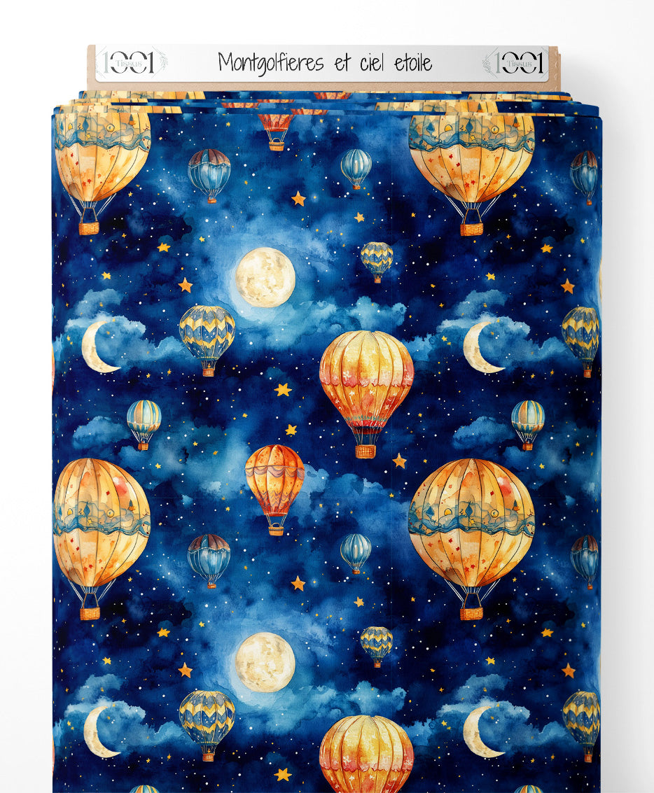 Tissu - Montgolfières et ciel étoilé