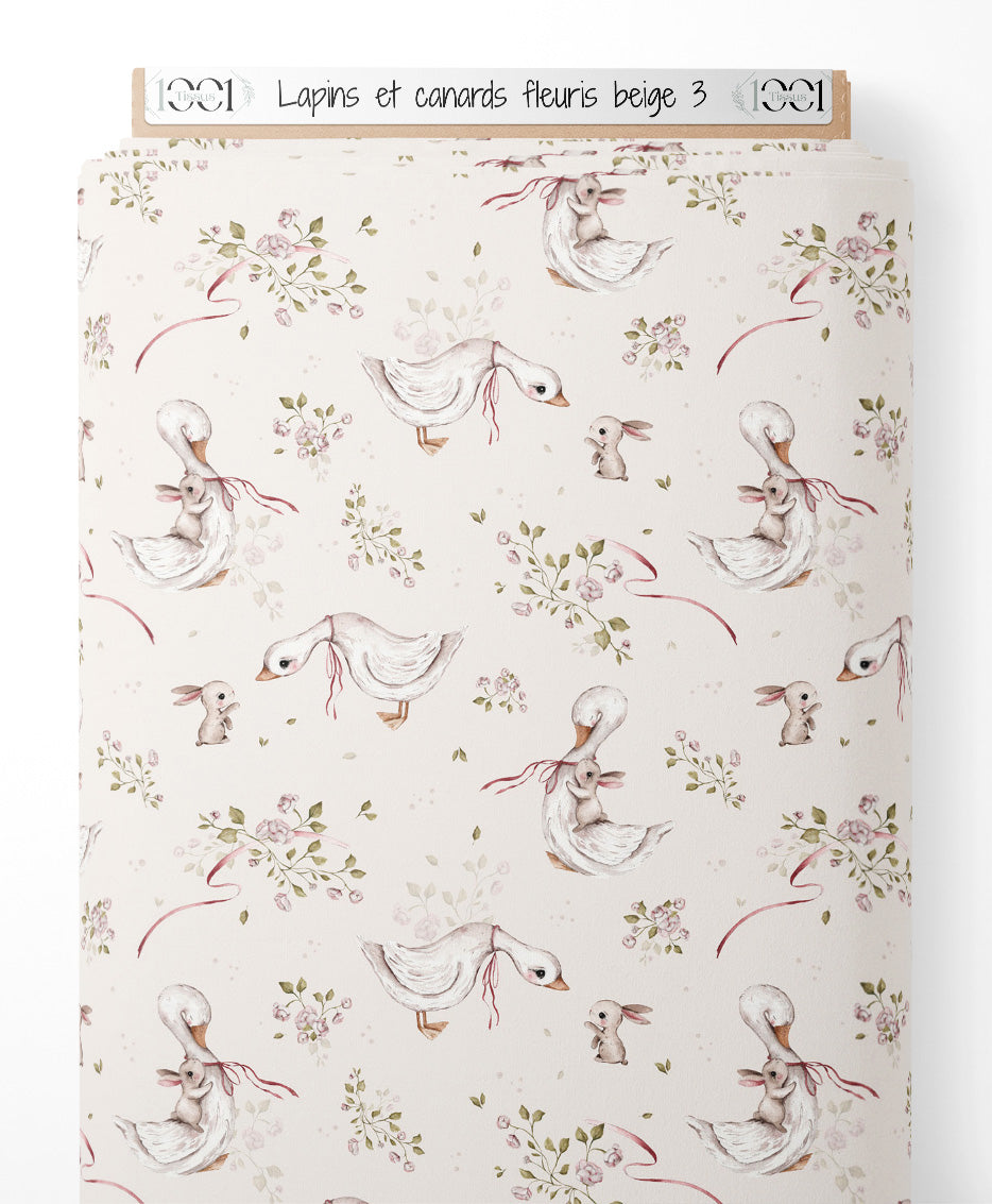 Tissu - Lapins et canards fleuris beige 3