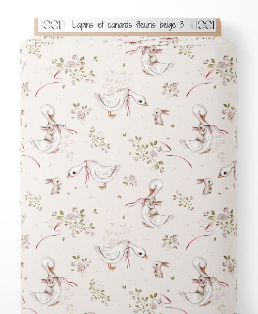 Tissu - Lapins et canards fleuris beige 3
