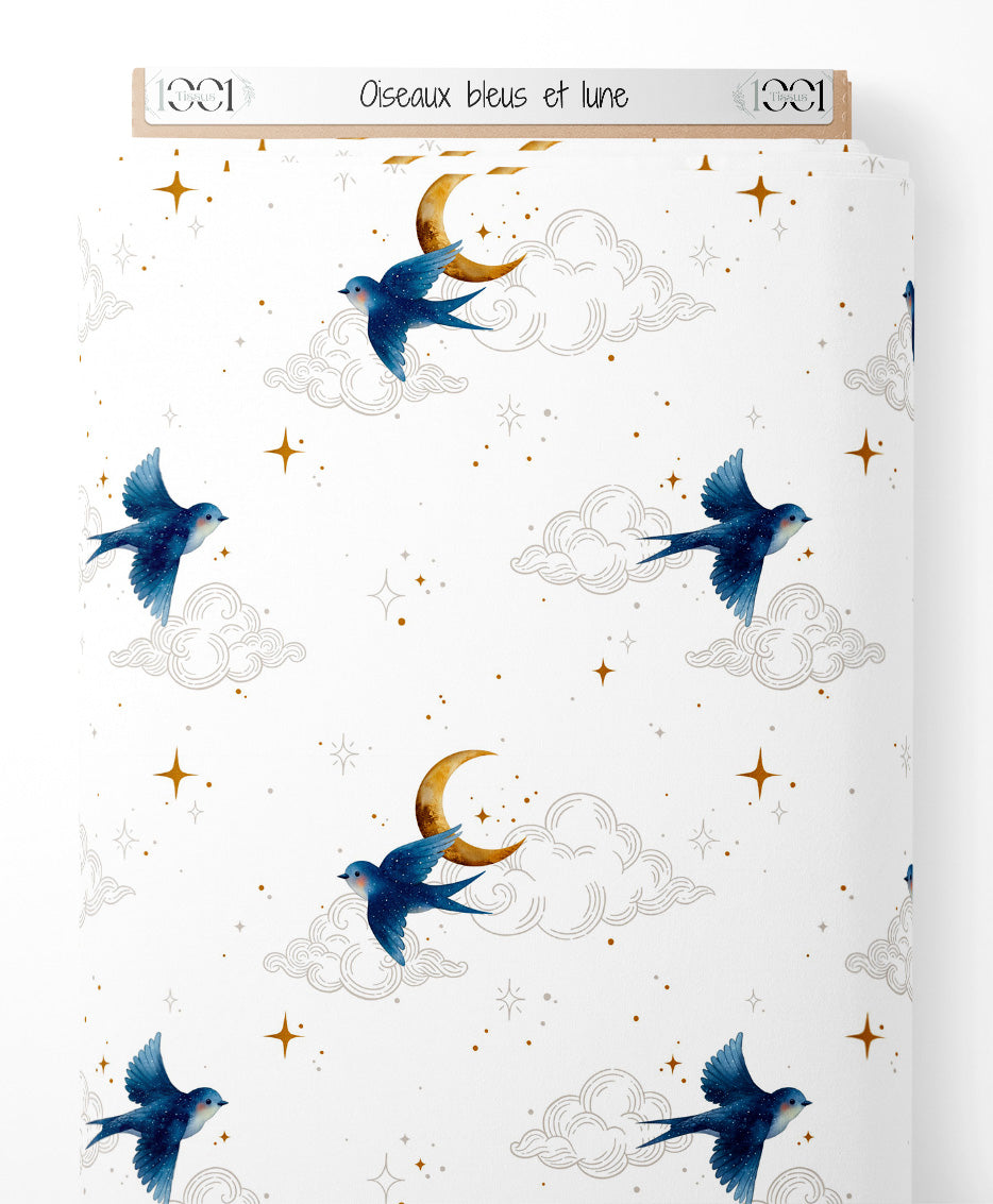 Tissu - Oiseaux bleus et lune