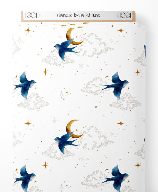Tissu - Oiseaux bleus et lune