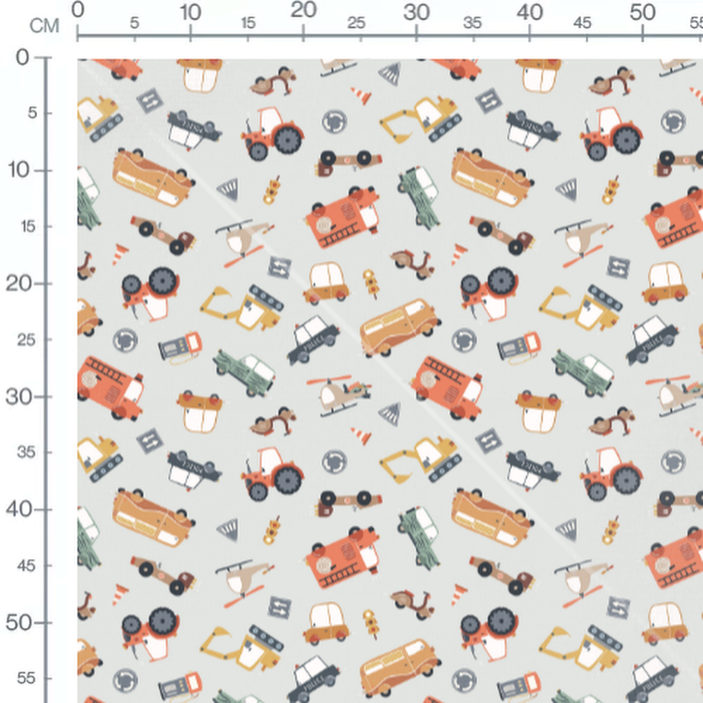 Tissu - Véhicules colorés sur fond gris