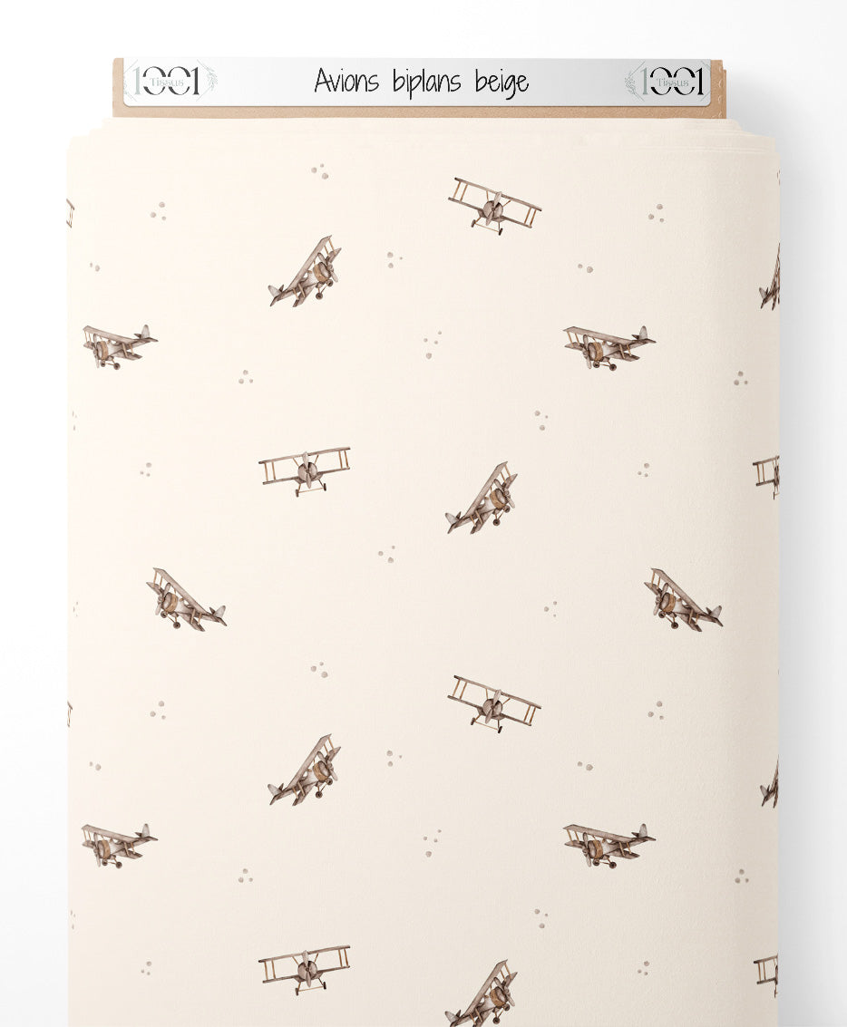 Tissu - Avions biplans beige