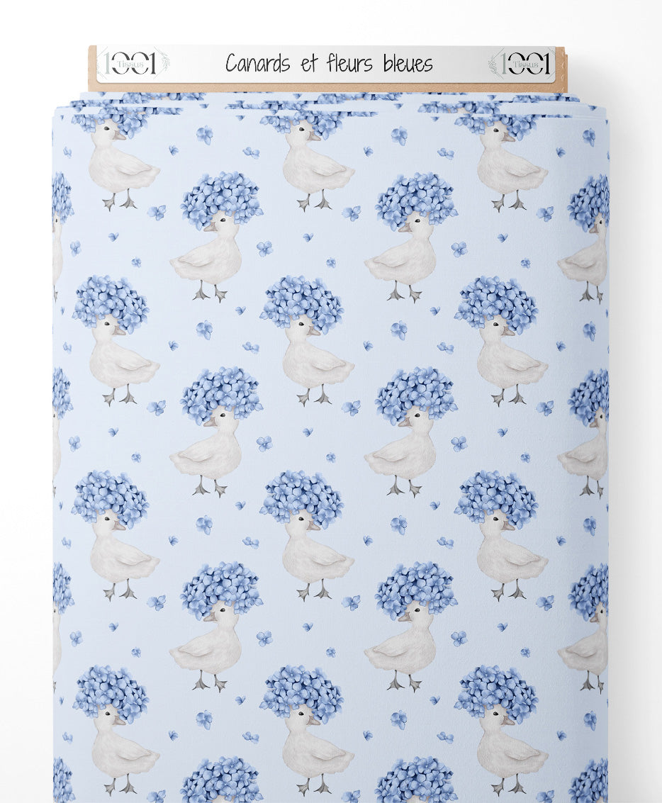 Tissu - Canards et fleurs bleues