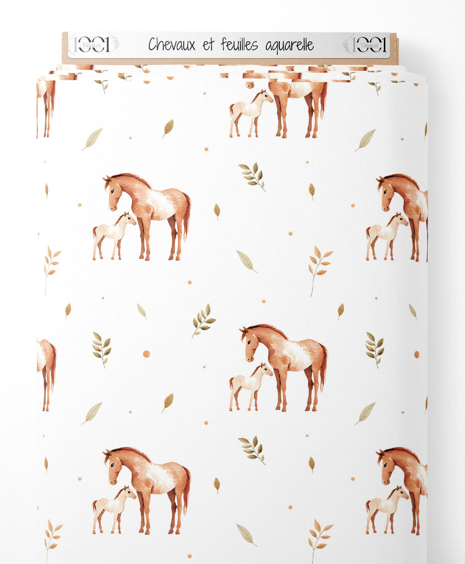 Tissu - Chevaux et feuilles aquarelle