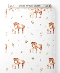Tissu - Chevaux et feuilles aquarelle