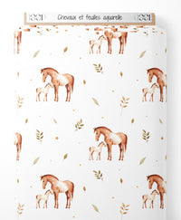 Tissu - Chevaux et feuilles aquarelle