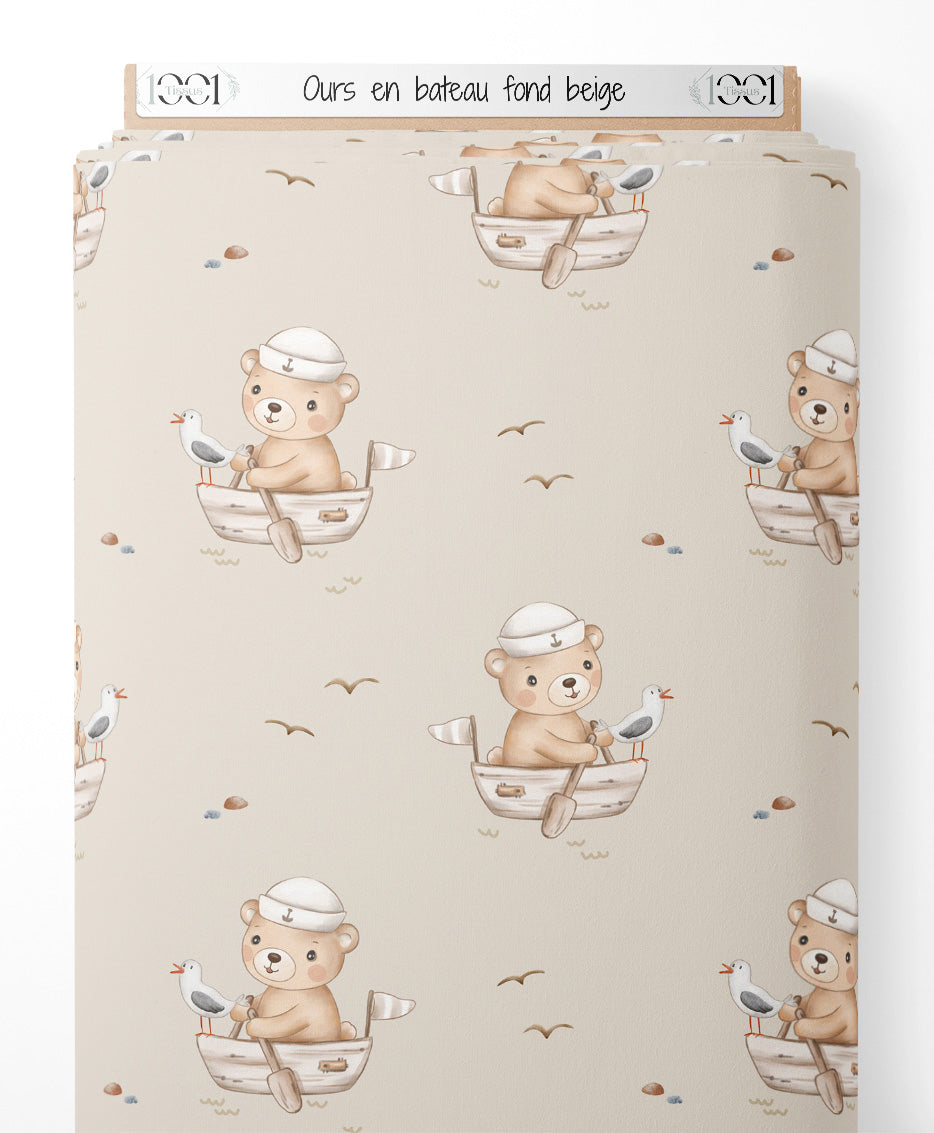 Tissu - Ours en bateau sur fond beige