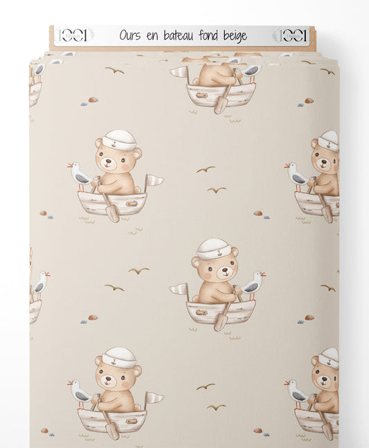 Tissu - Ours en bateau sur fond beige