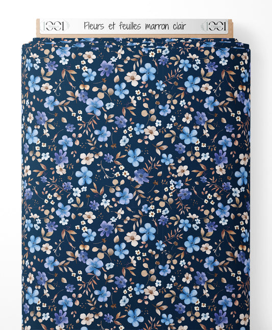 Tissu - Fleurs et feuilles marron clair