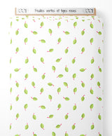 Tissu - Feuilles vertes et tiges roses