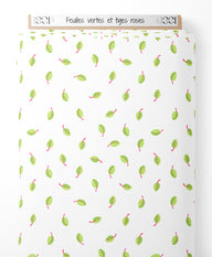 Tissu - Feuilles vertes et tiges roses
