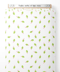 Tissu - Feuilles vertes et tiges roses