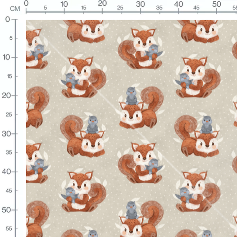 Tissu - Écureuils câlins sur fond beige