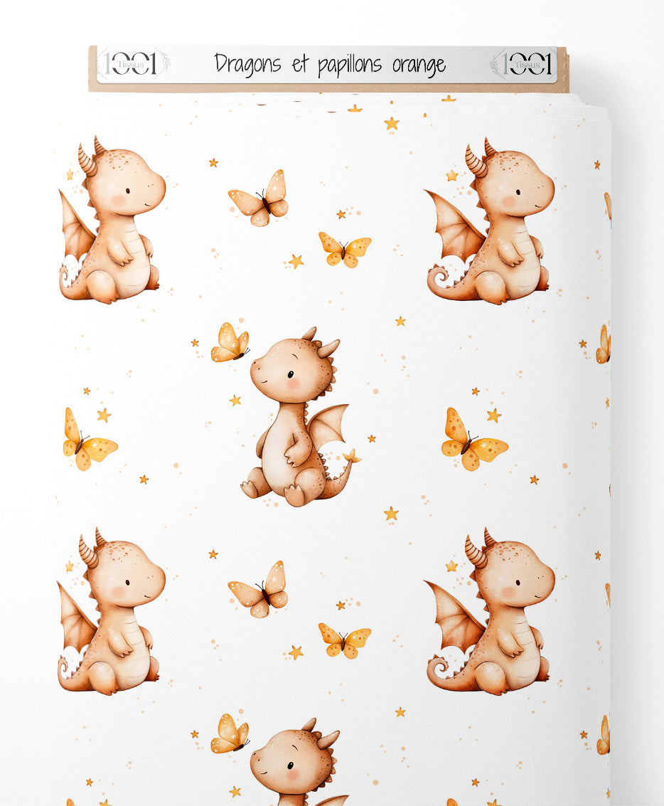 Tissu - Dragons et papillons orange