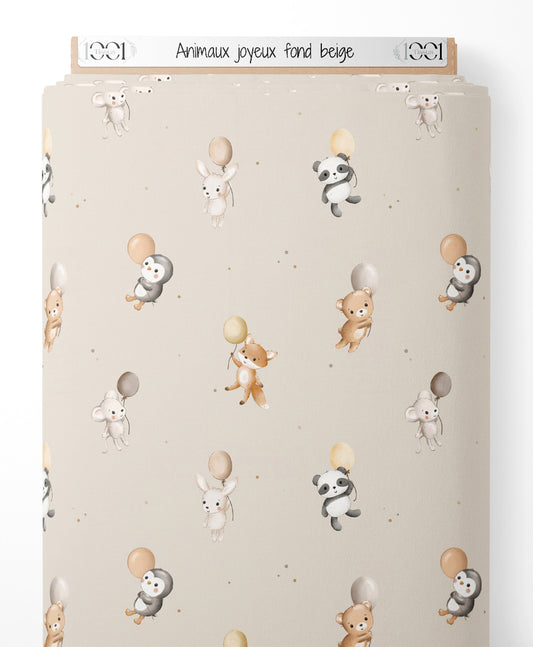 Tissu - Animaux joyeux sur fond beige