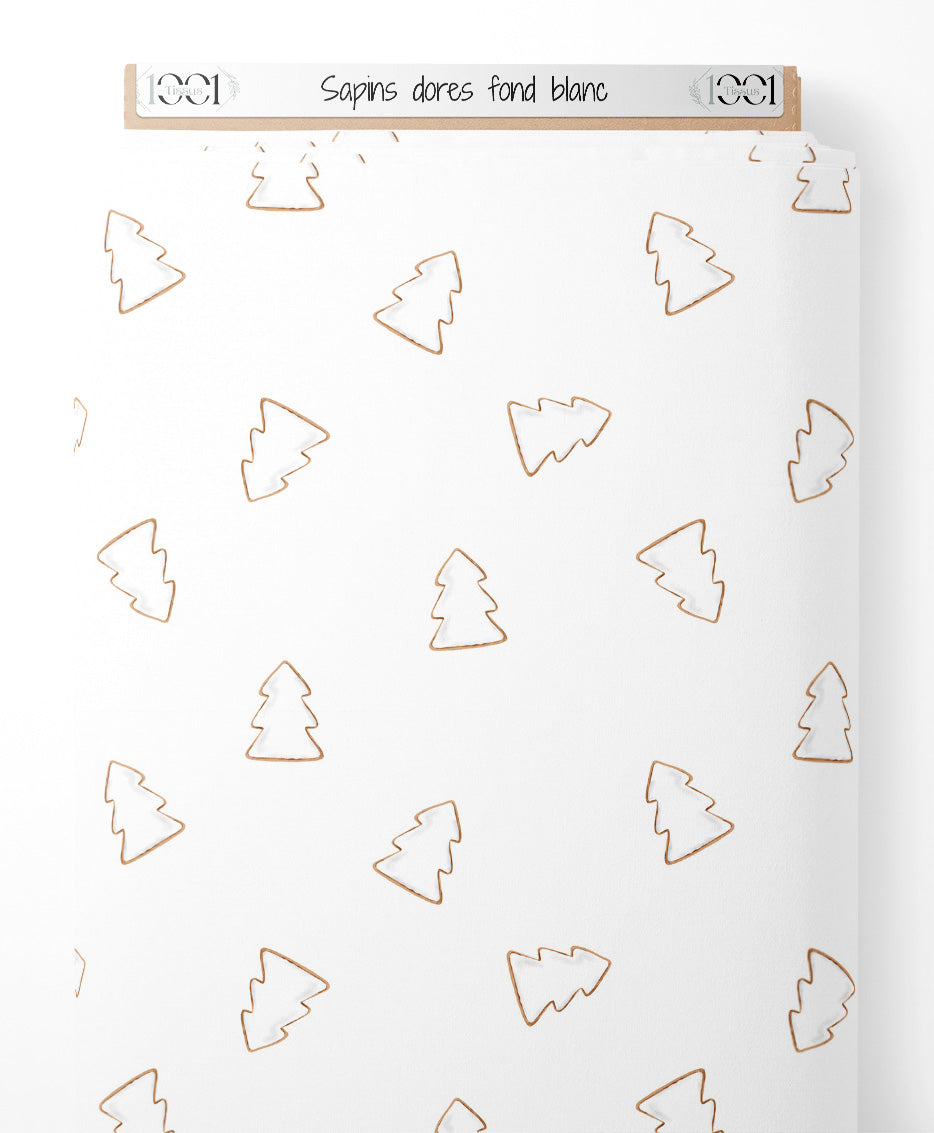 Tissu - Sapins dorés sur fond blanc