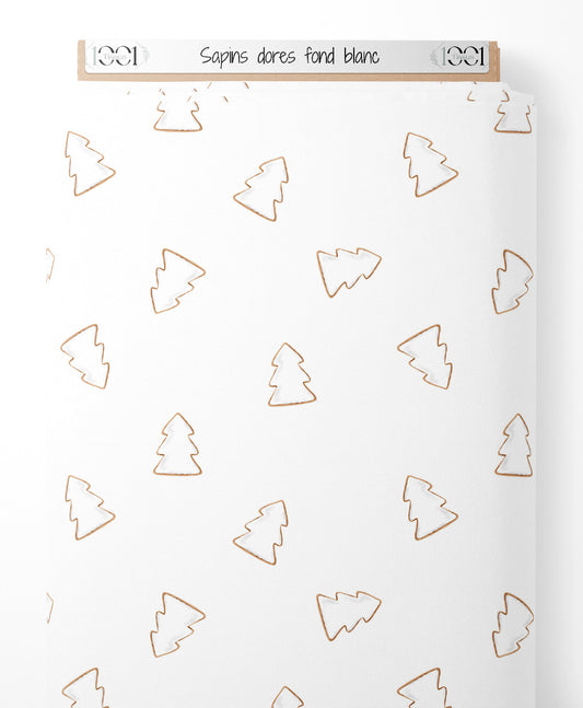 Tissu - Sapins dorés sur fond blanc