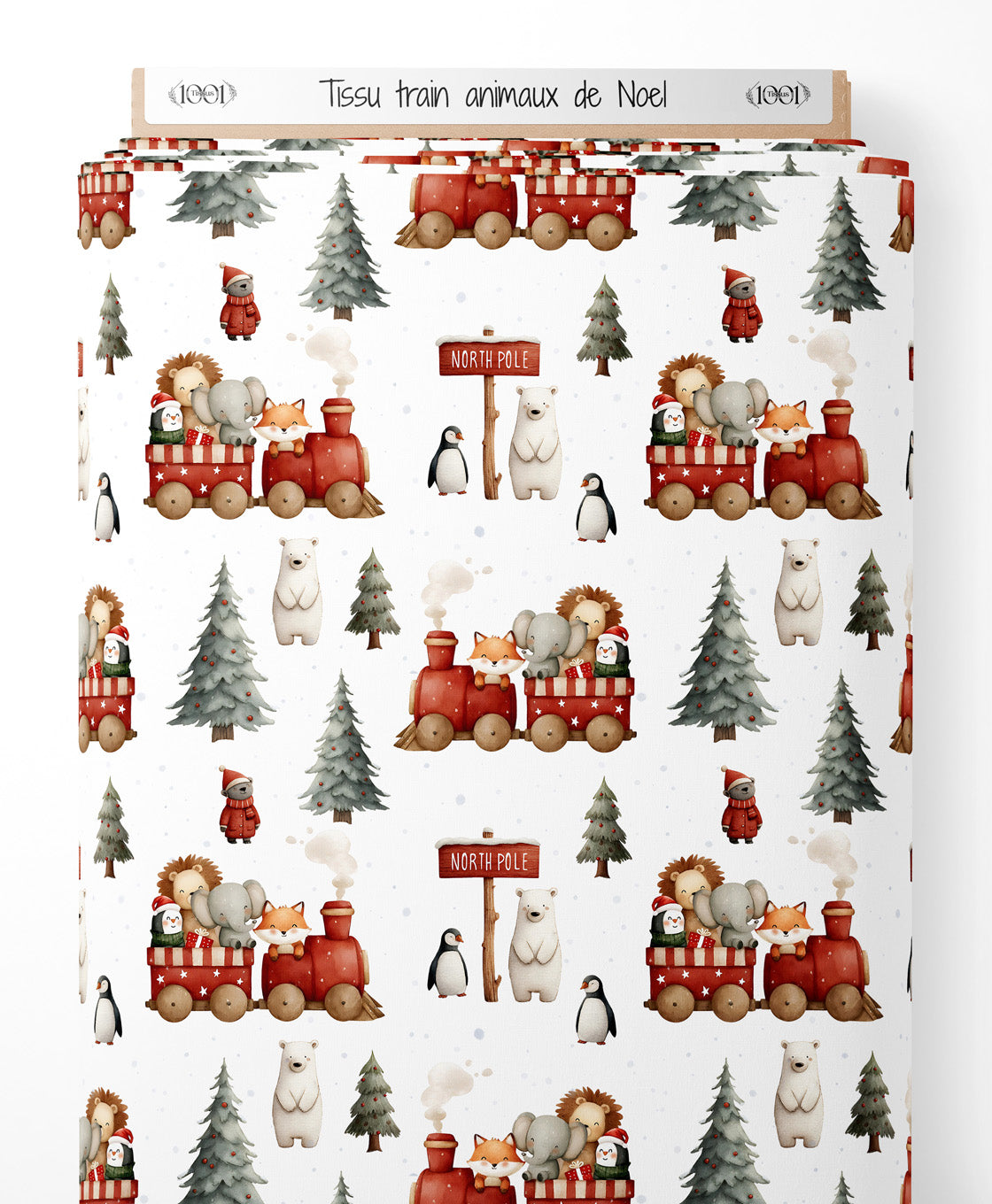 Tissu - train animaux de Noel
