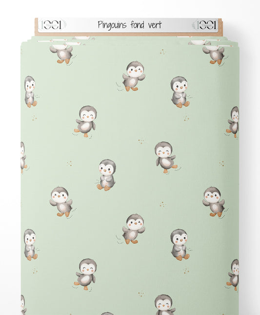 Tissu - Pingouins sur fond vert