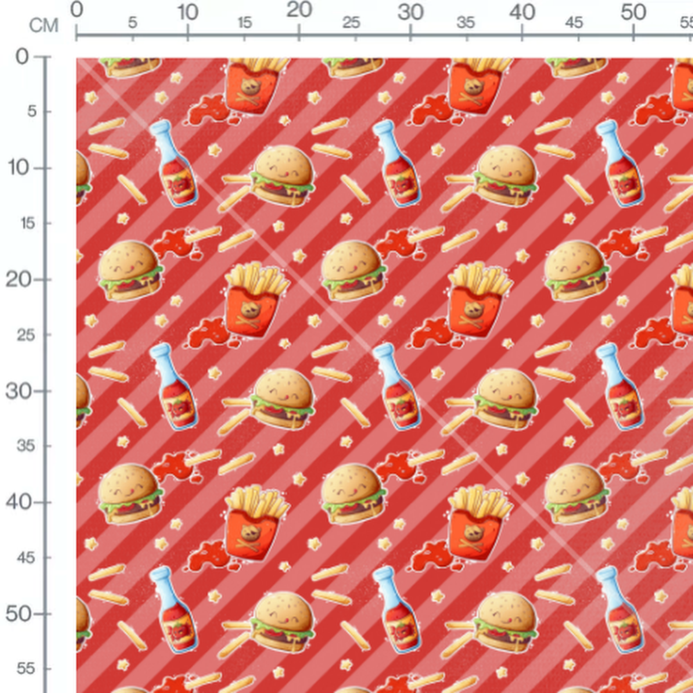 Tissu - Burgers et frites rayés rouges