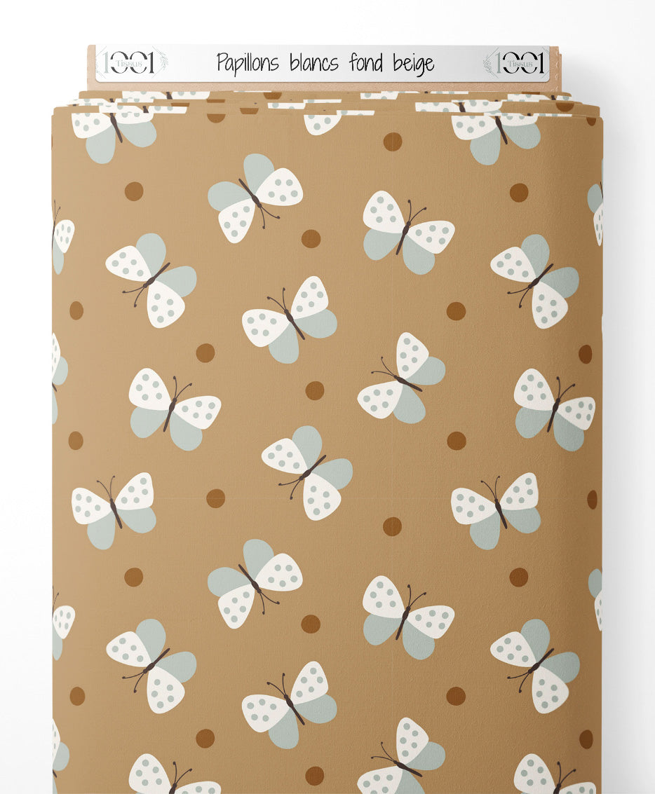 Tissu - Papillons blancs sur fond beige