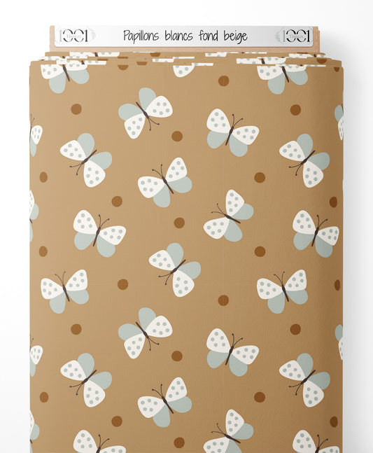 Tissu - Papillons blancs sur fond beige